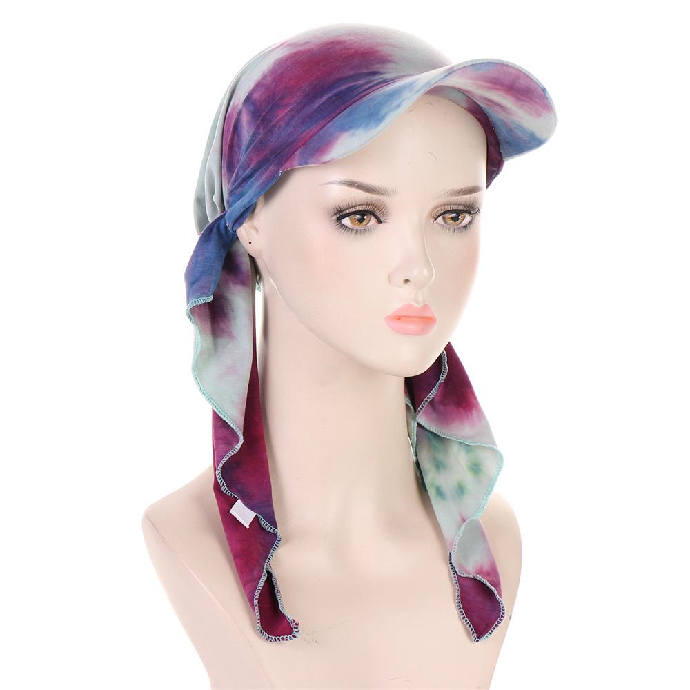 2025 Print Pre-Tied Hat Women Muslim Long Tail Headscarf Hijab Turban Visor Chemo Cap Bonnet Hair Loss Head Wrap Turbante Mujer