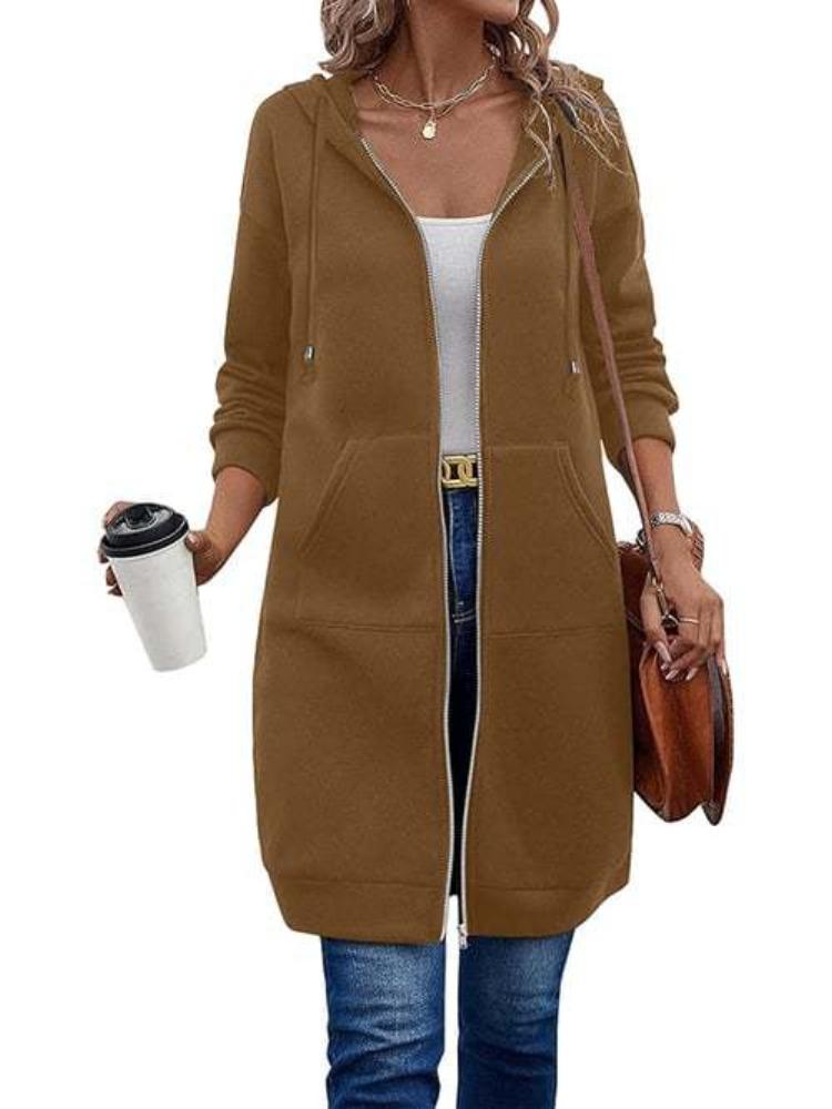 Women's Hooded Long Zip-Up Coat In 15 Colors