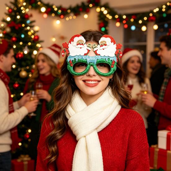 huaqianguhh Christmas Glasses, Glitter Holiday Party Glasses Frames, Santa Hat Tree Snowman Bear Funny Eyeglasses for Favors