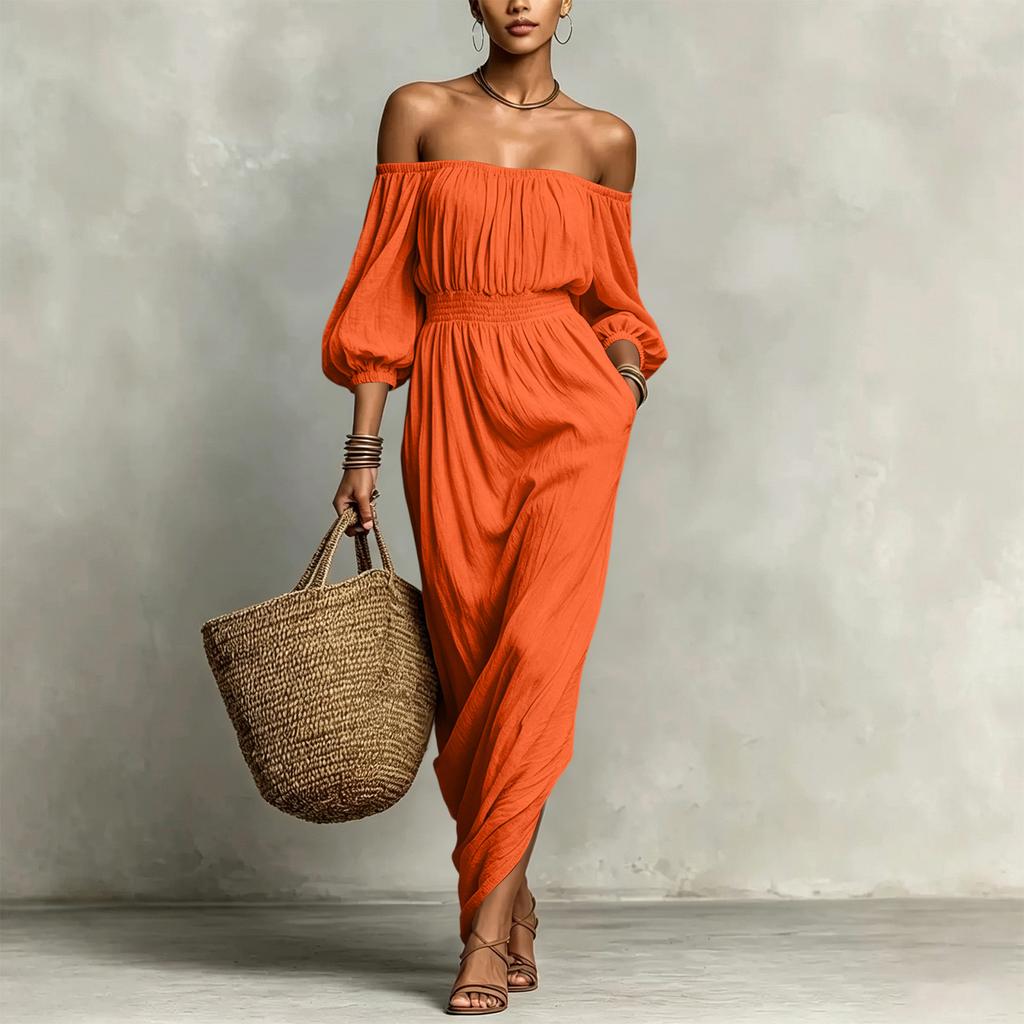 Vestido Casual de Color para Mujer con Hombros Descubiertos para Vacaciones