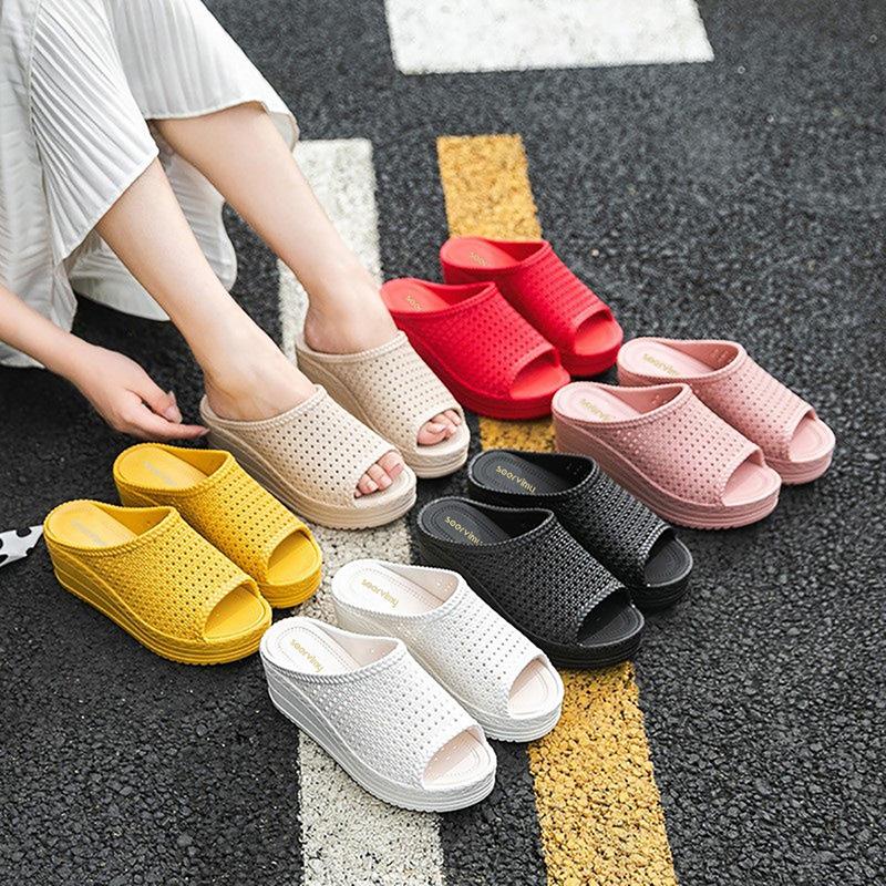Cool Slippers for Women In Summer, Sloping Heels, Thick Soles, Fashionable Outdoor Beach Shoes, Mesh Hollowed Out Women's Slippers