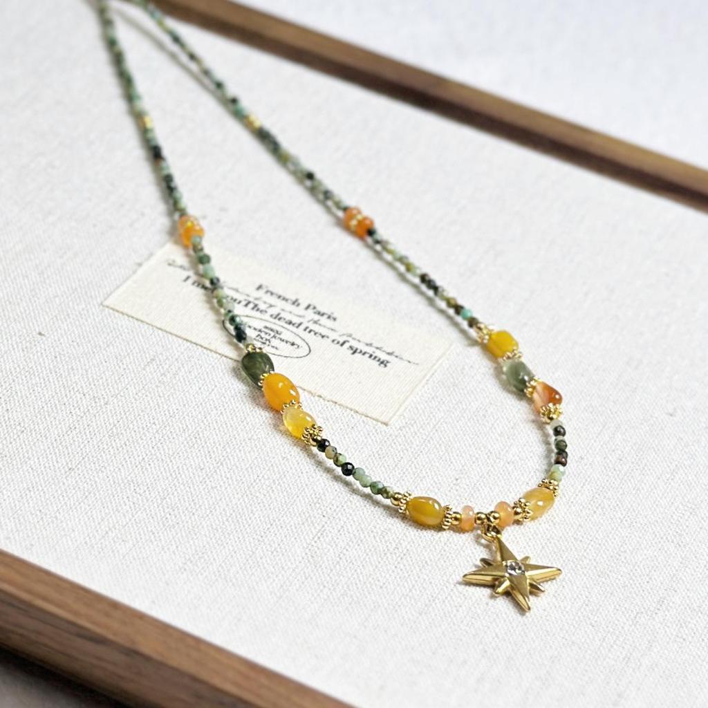 Natuurlijke Turkoois Agaat Kralenketting met Sterrenburst Hanger – Retro Literaire Sleutelbeenketting
