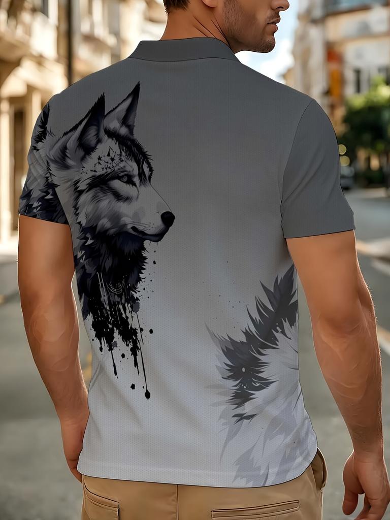 Men's Polo Shirt, Ink Wash Wolf Print T-Shirt, Summer Fashion Commuting Apparel, , Men's Clothing