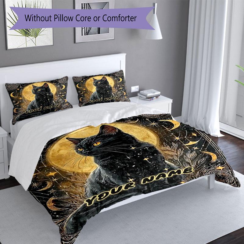 3PC Custom Name "Magical Night Cat Art" Bedding Set Duvet Cover Closure Includes 1 Duvet Cover & 2 Pillowcases for Bedroom