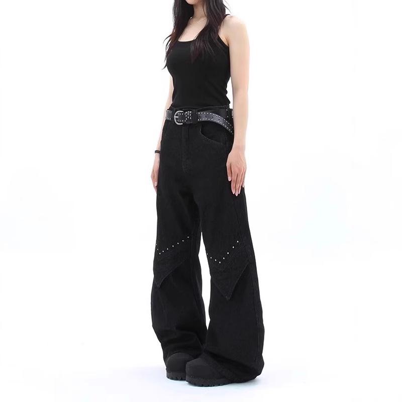 Taku Valley Black Wide-Leg Cargo Pants: Multi-Pocket Streetwear Jeans for Spring & Autumn 2025.