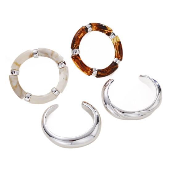 

4Pcs Women Bracelet Highly Polished Bright Silver Metal Dual Material Layered Bracelets Wear-Resistant Stackable Bangles серебряный