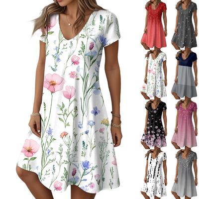 Women's Fashion Summer Casual Short Sleeve Floral Print Dresses