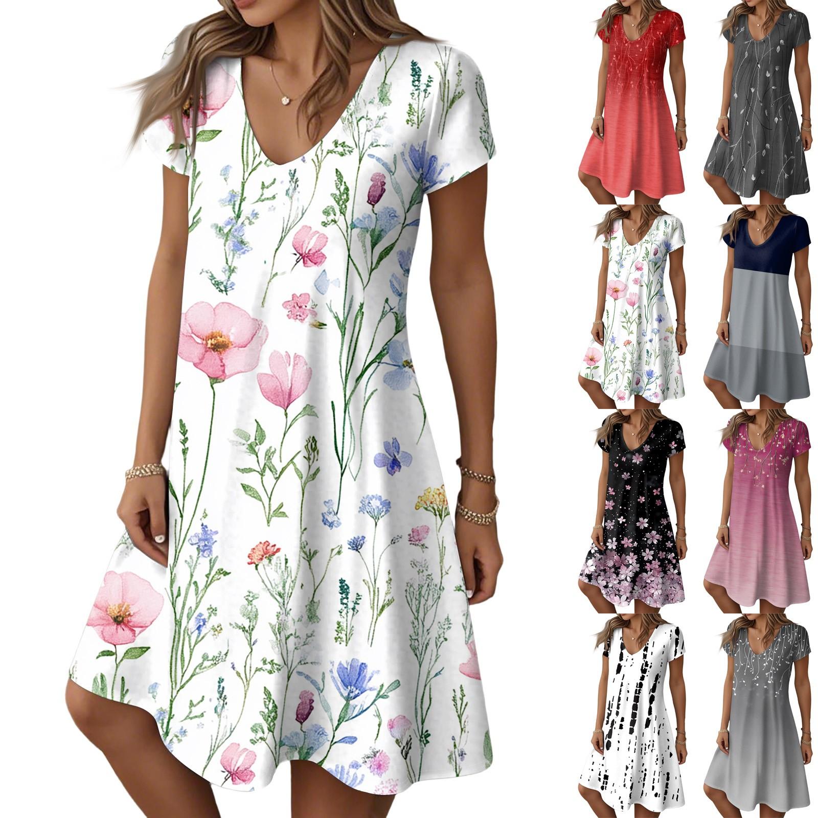 

Women s Fashion Summer Casual Short Sleeve Floral Print Dresses L червоний