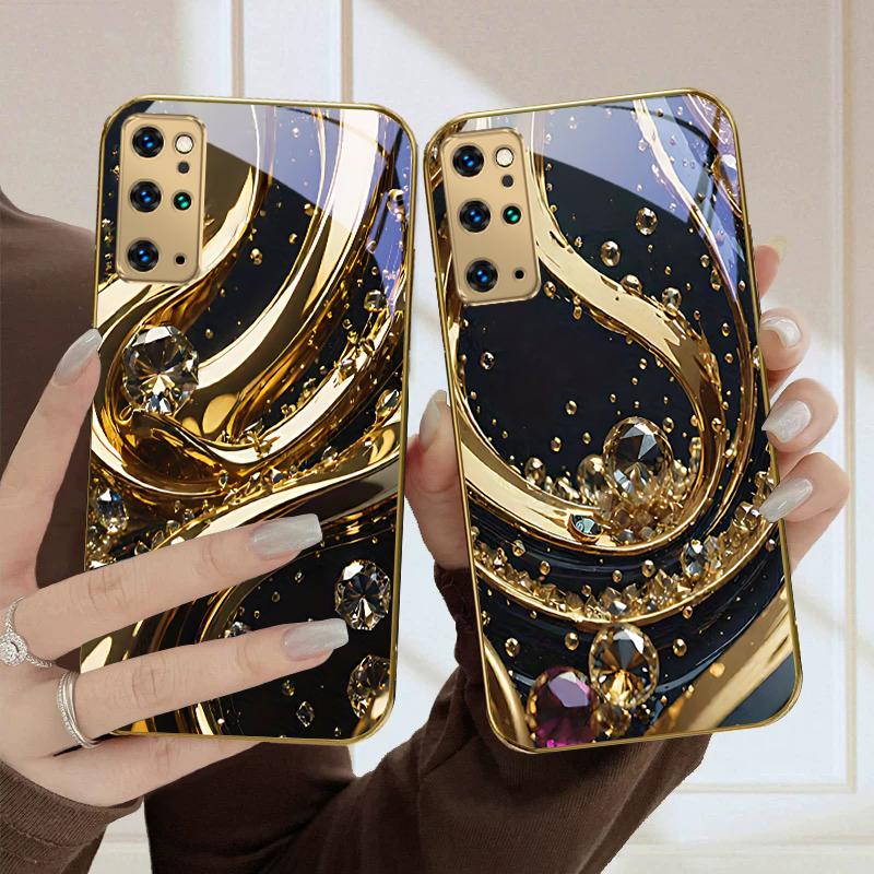 Golden Splendor and Crystal For Samsung Galaxy S20 FE S21 S22 S23 Plus S24 Ultra 25Ultra S21+ S9+ 22Plus Golden glass phone case