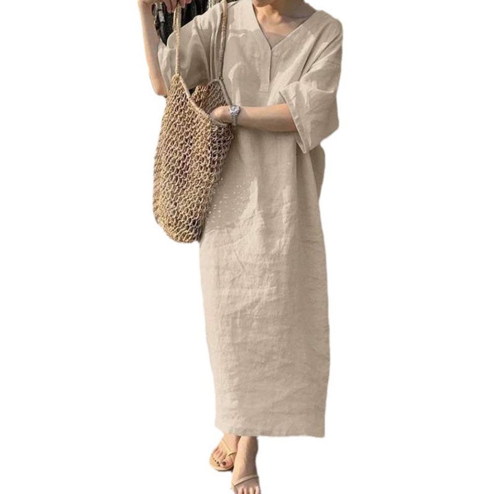 Women's Loose Short Sleeved V-neck Solid Color Long Skirt