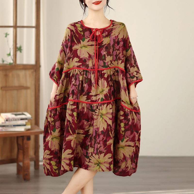 Short Sleeve Plus Size Cotton Linen Vintage Floral New In Dresses for Women Casual Loose Midi Summer Dress
