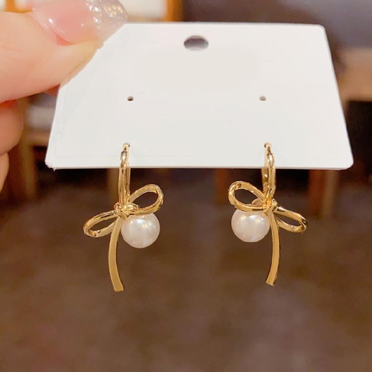 Delicate Earrings with Bowknot Pendant Chic Pearl Ear Piercing Jewelry Ear Hooks