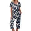 Women Two Piece Set Hawaiian Print Sportswear Short Sleeve V Neck Top Casual Capri Pants Lounge Wear Set