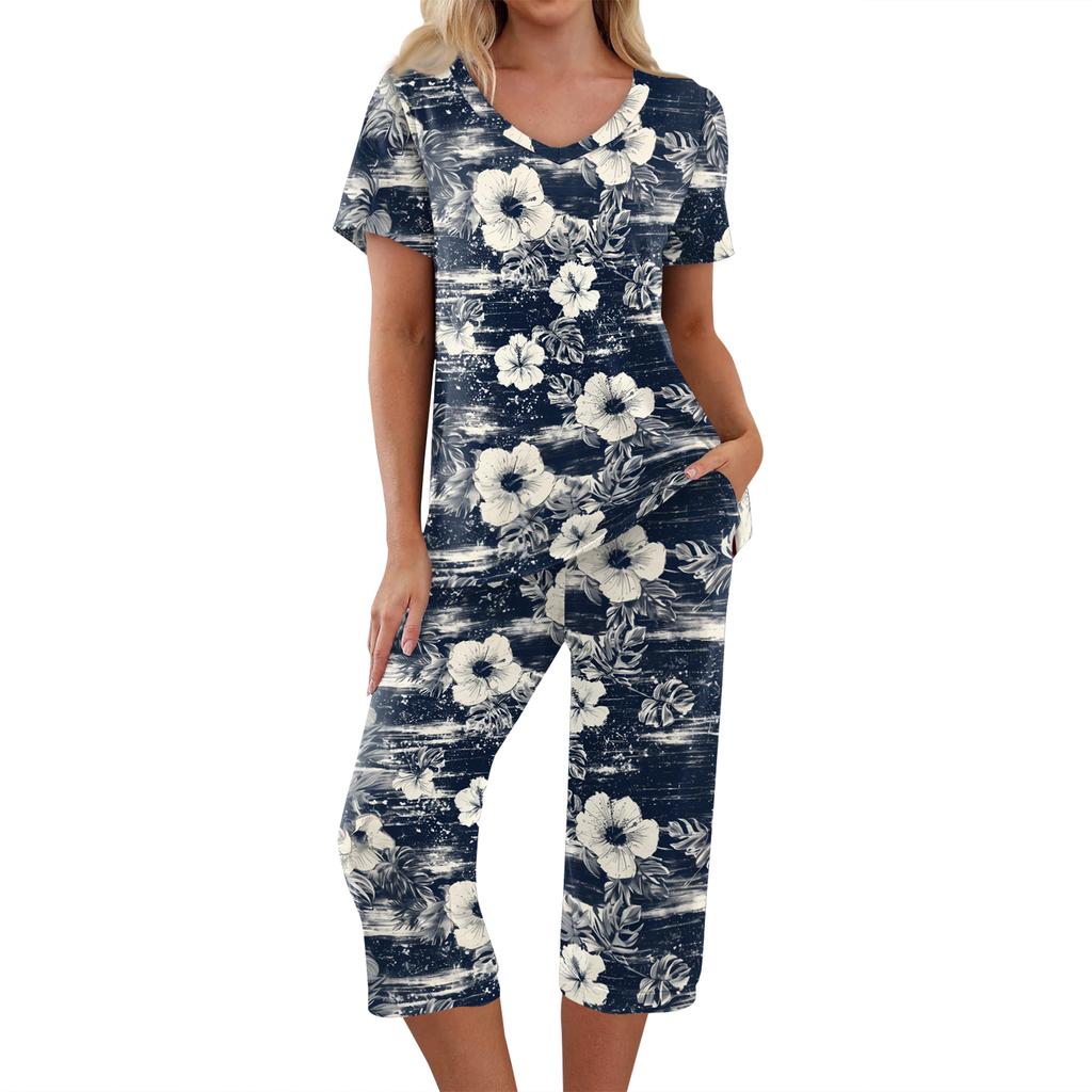 Women Two Piece Set Hawaiian Print Sportswear Short Sleeve V Neck Top Casual Capri Pants Lounge Wear Set