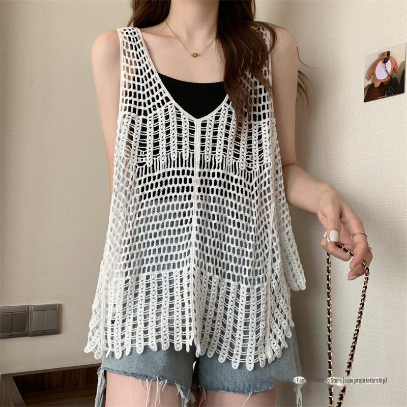 Bohemian Retro Sleeveless Layered Camisole Sweater - Summer Hollow Design for Women