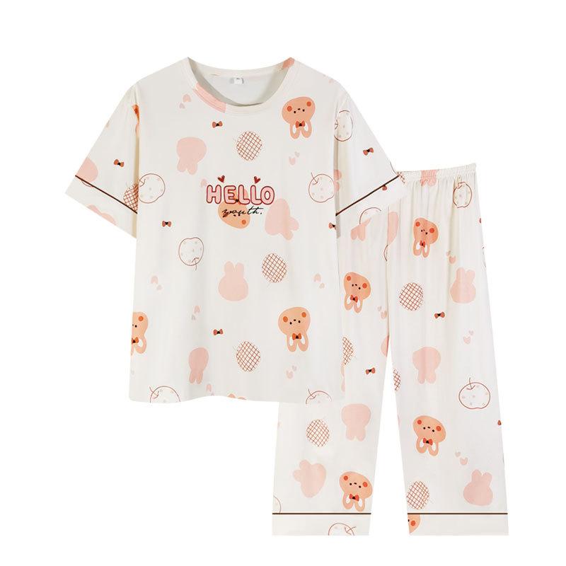 Summer Pure Cotton Pajamas Women's Pullover Sweet Casual Short-sleeved Cropped Pants Can Be Worn Outside Loungewear Student Dormitory Set
