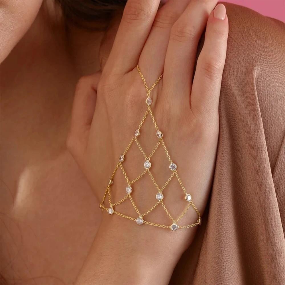 Bohemian Style Hand Chain Bracelet Multilayer Zircon Rhinestone Finger Bracelet Crystal Beads Hollow Design Zircon Bracelet