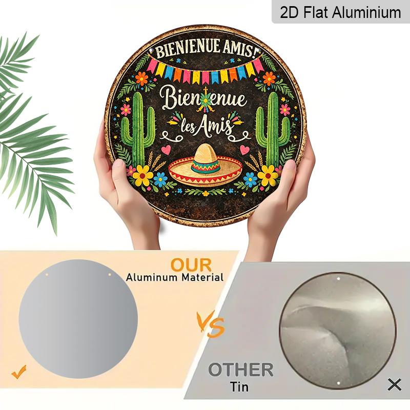 2D Flat, 1pc Round Aluminum "Bienvenue les Amis" Mexican Welcome Sign, Retro Metal Wall Art with Cactus, Sombrero & Fiesta Banner, Waterproof