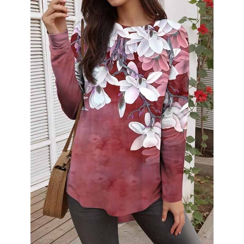 Autumn and Winter Women's Color Flowers 3D Printed Crew Neck Long Sleeve T-Shirt