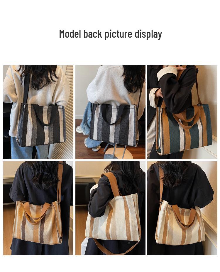 Women's Large Capacity Striped Canvas Tote Bag - Casual Shoulder Handbag