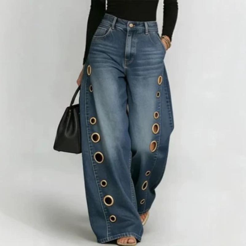 Spring and Summer New Metal Heterosexual Corns European and American Women's Clothing Solid Color Horse Slip Loose Jeans