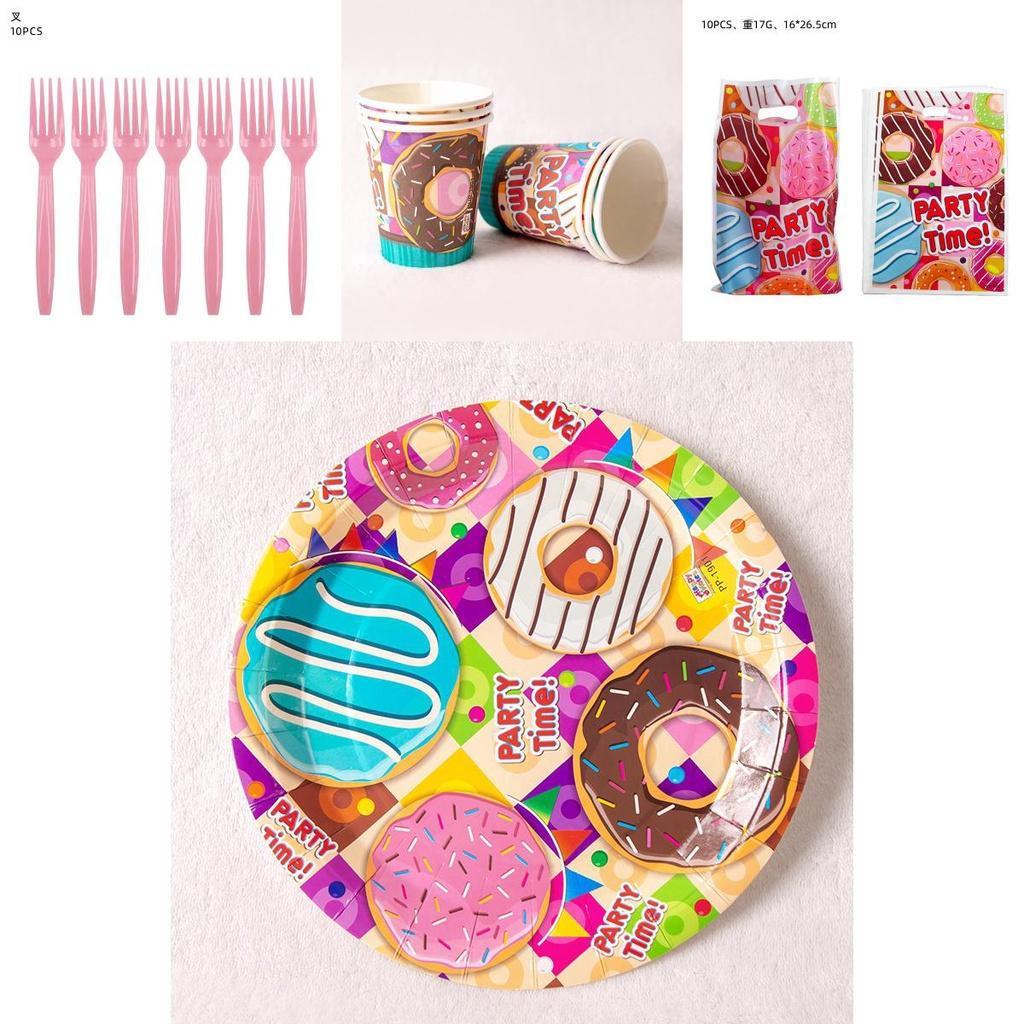 Colorful Donuts Birthday Party Supplies Featuring Plates Cups Tablecloth And Banner