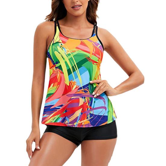 Costume da bagno da donna senza maniche con scollo a U due pezzi top colorato stile gilet controllo pancia