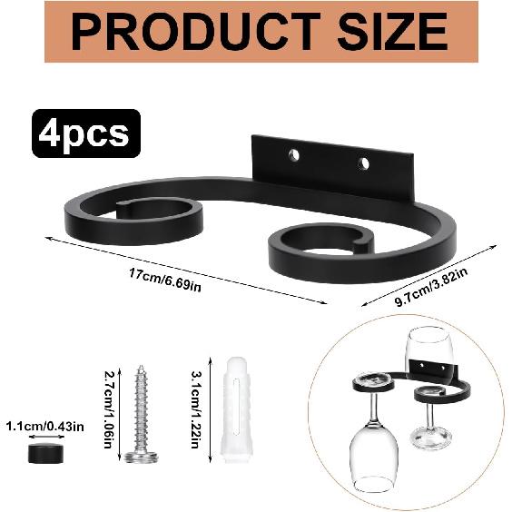 4pcs Wall Mounted Wine Glass Rack, 6.69x3.82 Inch Wine Glass Holder Metal Wine Glass Hangers Wine Glass Rack Under Shelf Cabinet Stemware Storage