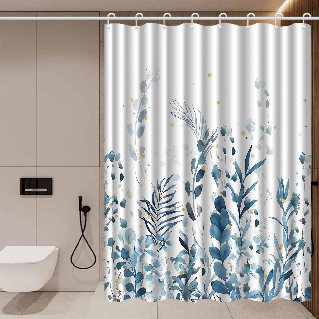 1pc Nordic Modern Fresh Blue Plant Flower Shower Curtain, High-End Elegant Bathroom Curtain, Bathroom Decoration Pattern