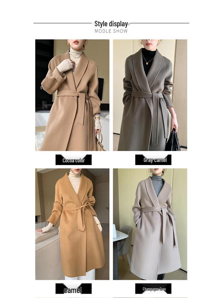 Women's Double-Faced Wool Overcoat with Tie Waist - Extra Long Lapel, Autumn/Winter.
