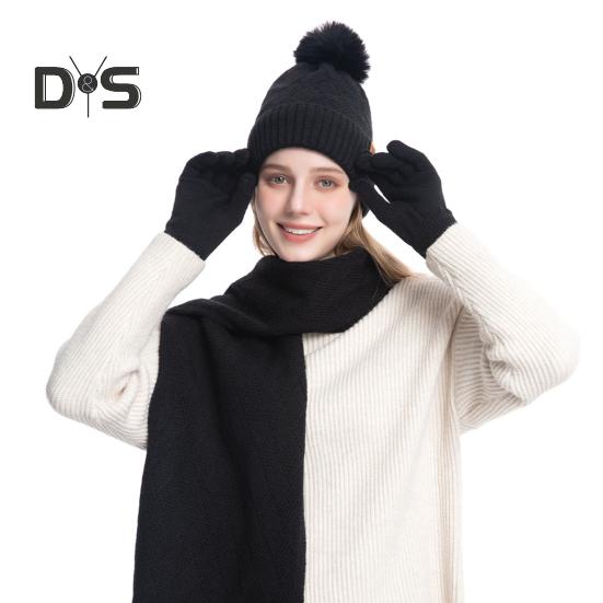 

3 шт./комплект унисекс зимняя шапка шарф перчатки комплект толстая вязаная теплая шапка перчатки эластичная защита ушей ветрозащитная зимняя на открытом воздухе велосипедная купольная повязка на шею чёрный