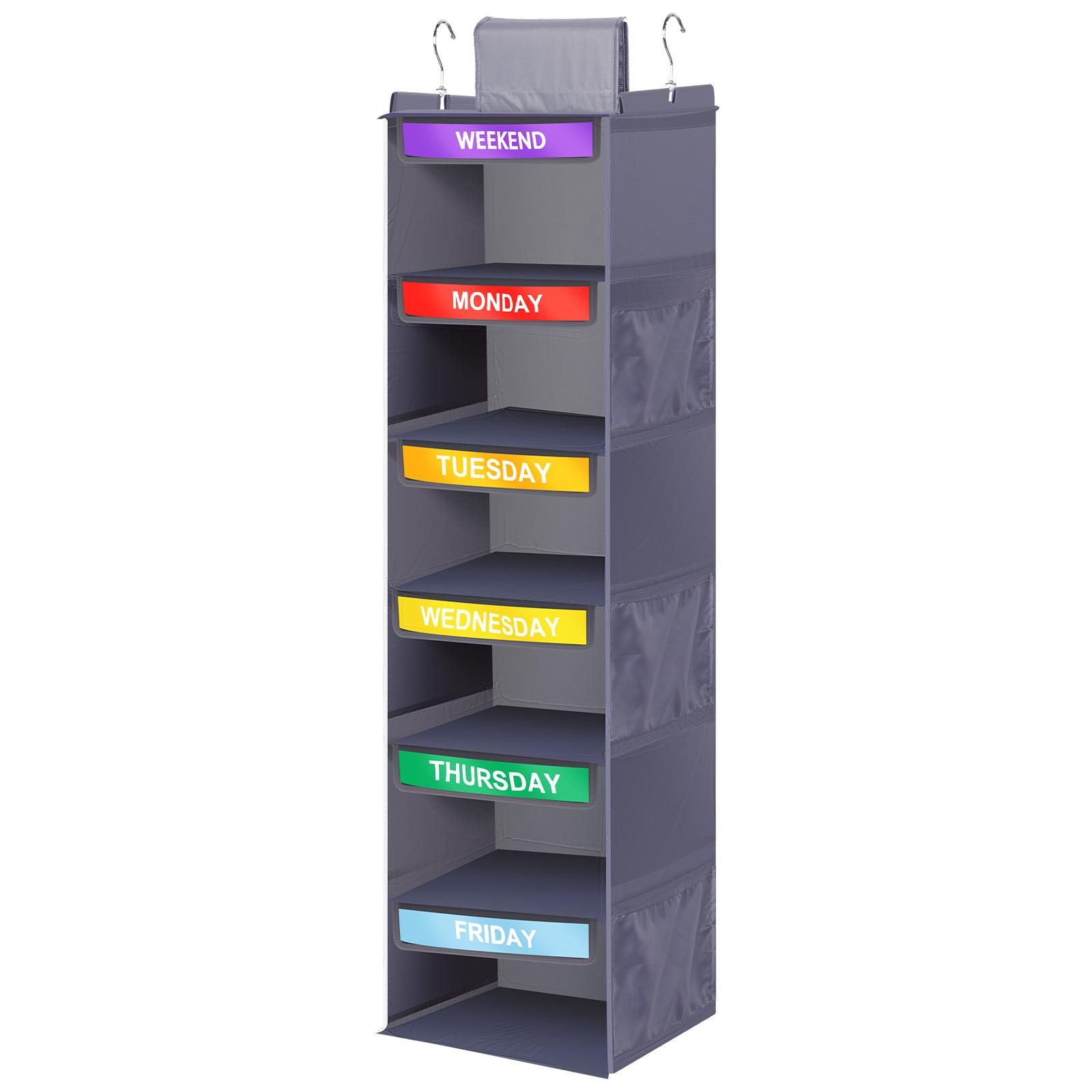 

6 Shelf Weekly Clothes Organizer Children s Clothing Storage Hanging Bag with 6 Side Pocket Large Capacity Foldable Storage Rack сірий колір