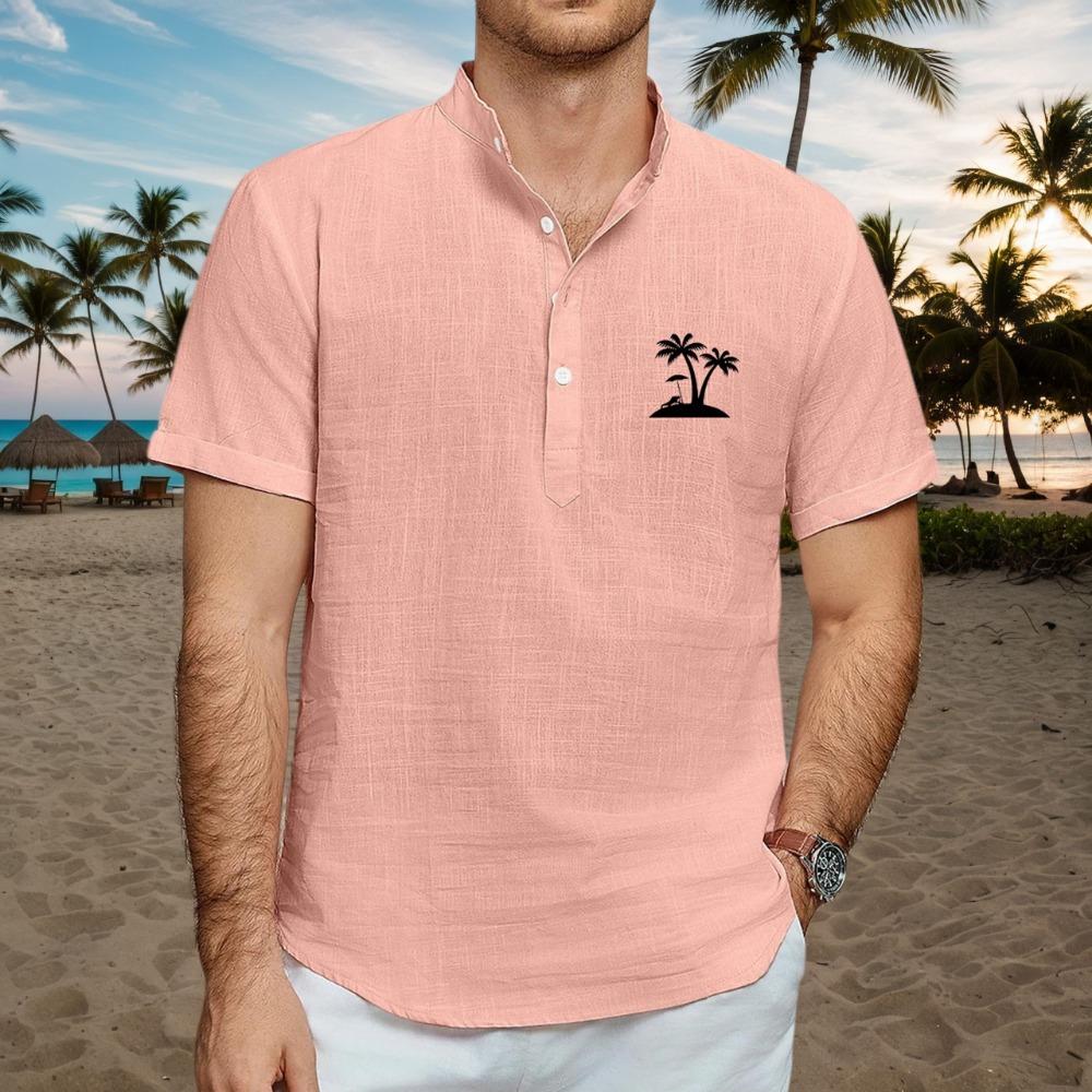 

Мужские рубашки из 100% хлопка и льна с коротким рукавом, застегивающиеся на пуговицы, воротник-стойка, повседневные летние рубашки для дома и повседневной носки 3XL розовый