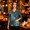 Women's Casual Uniform Top, V-Neck Halloween Print with Pockets and Side Slit, 3/4 Sleeve