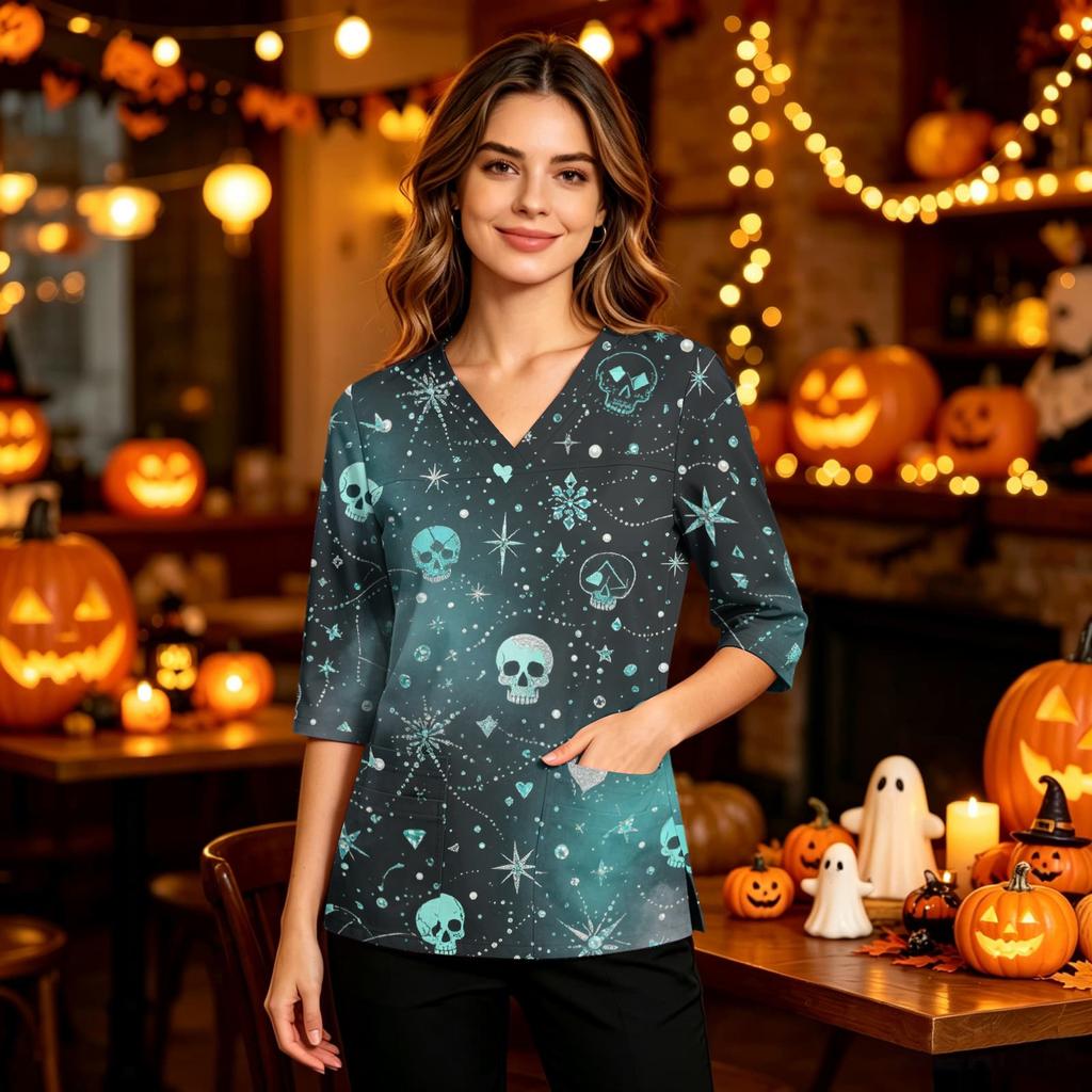 Women's Casual Uniform Top, V-Neck Halloween Print with Pockets and Side Slit, 3/4 Sleeve