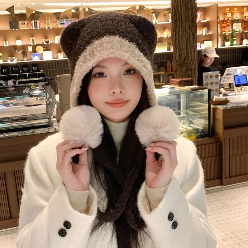 Autumn And Winter  Color Matching Bear Ear Strap Lei Feng Hat For Women Korean Cute Warm Ear Protection Knitted Wool Hat