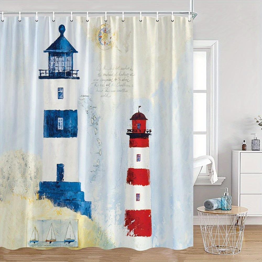 

1Pc Lighthouse Cartoon Shower Curtain - Blue & Red Nautical Adventure Design With Sailing Ship, Vintage Polyester Fabric, Washab W60H190(CM)-1 Pcs