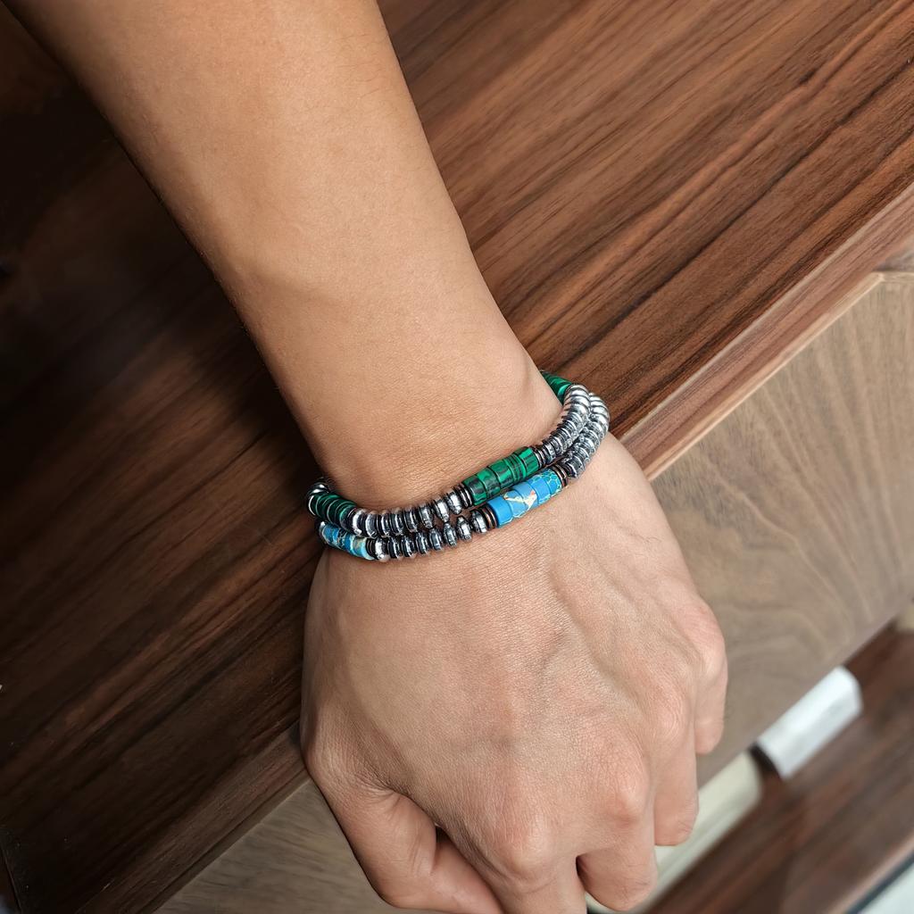 Vintage Malachite Bead Bracelet with Silver Tone Metal Beads Bohemian Ethnic Style Jewelry Men Women Wristband Gift