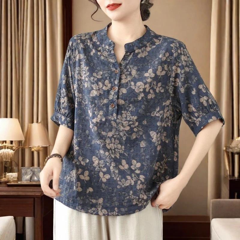 Womens Blue Floral Print Blouse Casual Mandarin Collar Half Button 3/4 Sleeve Top M темно-синий