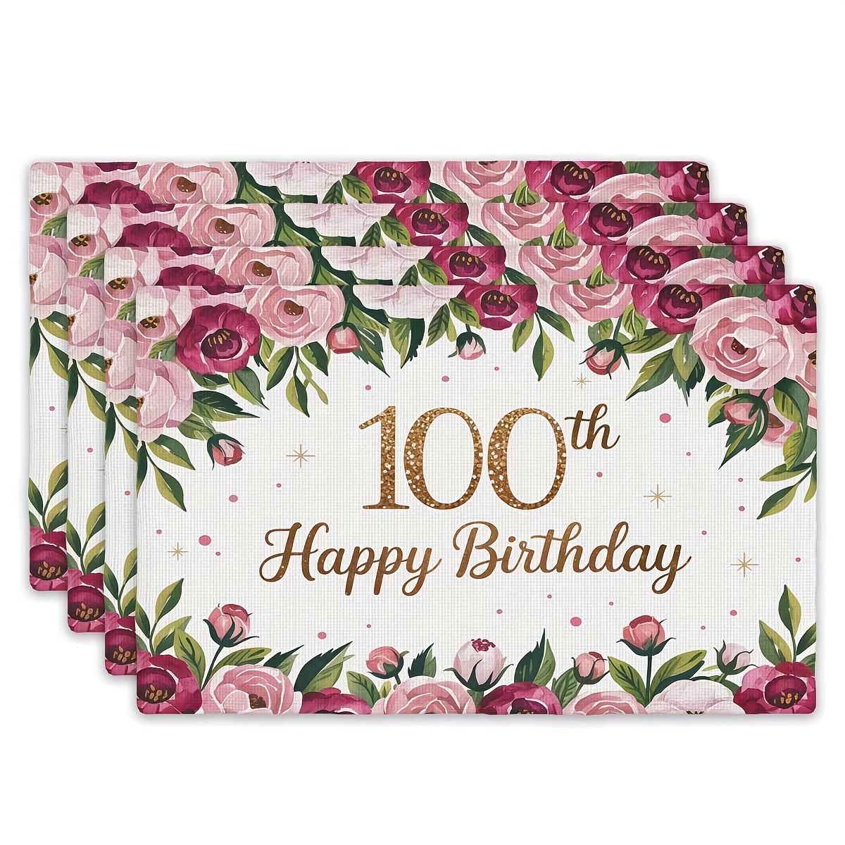 4pcs Elegant Floral  100th Happy Birthday  Table Mats - 12x18 Inch Rectangular Polyester Tablecloths with Pink Roses & Golden Ac 30x45cm-4PC