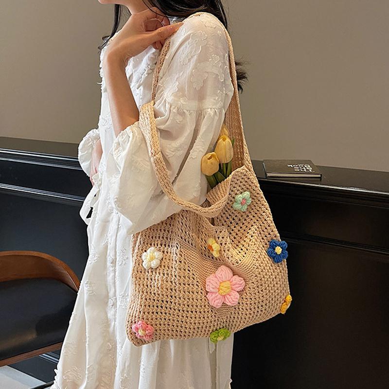 Crochet Mesh Beach Toted Bag,Bohemian Vacation Handbags Aesthetic Knit Shoulder Bag for Women Travel Bag KTB
