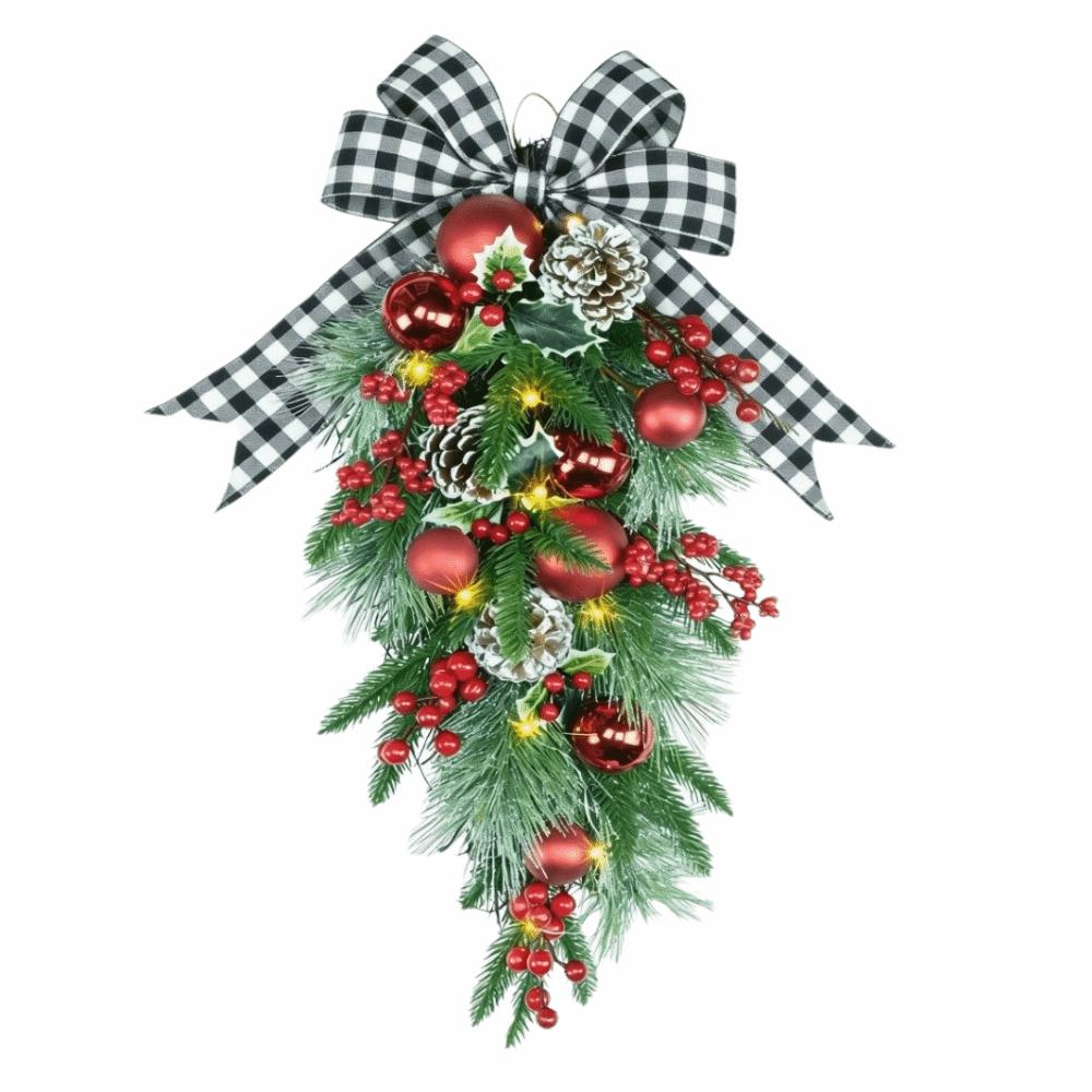 Realistic Artificial Christmas Wreath Pine Needles Droplet Style Wall Hanging Christmas Garland Teardrop Shape Red Berries