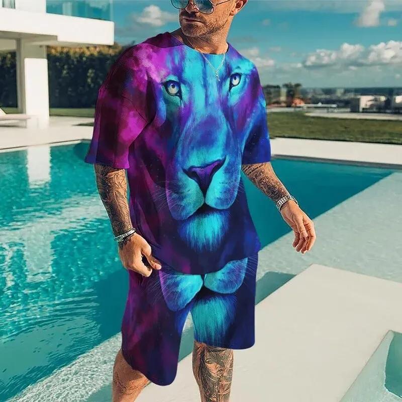 Men Cool Lion Tiger T-shirt Set 3D Animal  Print Casual Style T-shirt Shorts Set Summer New Fashion Street Clothing High-quality