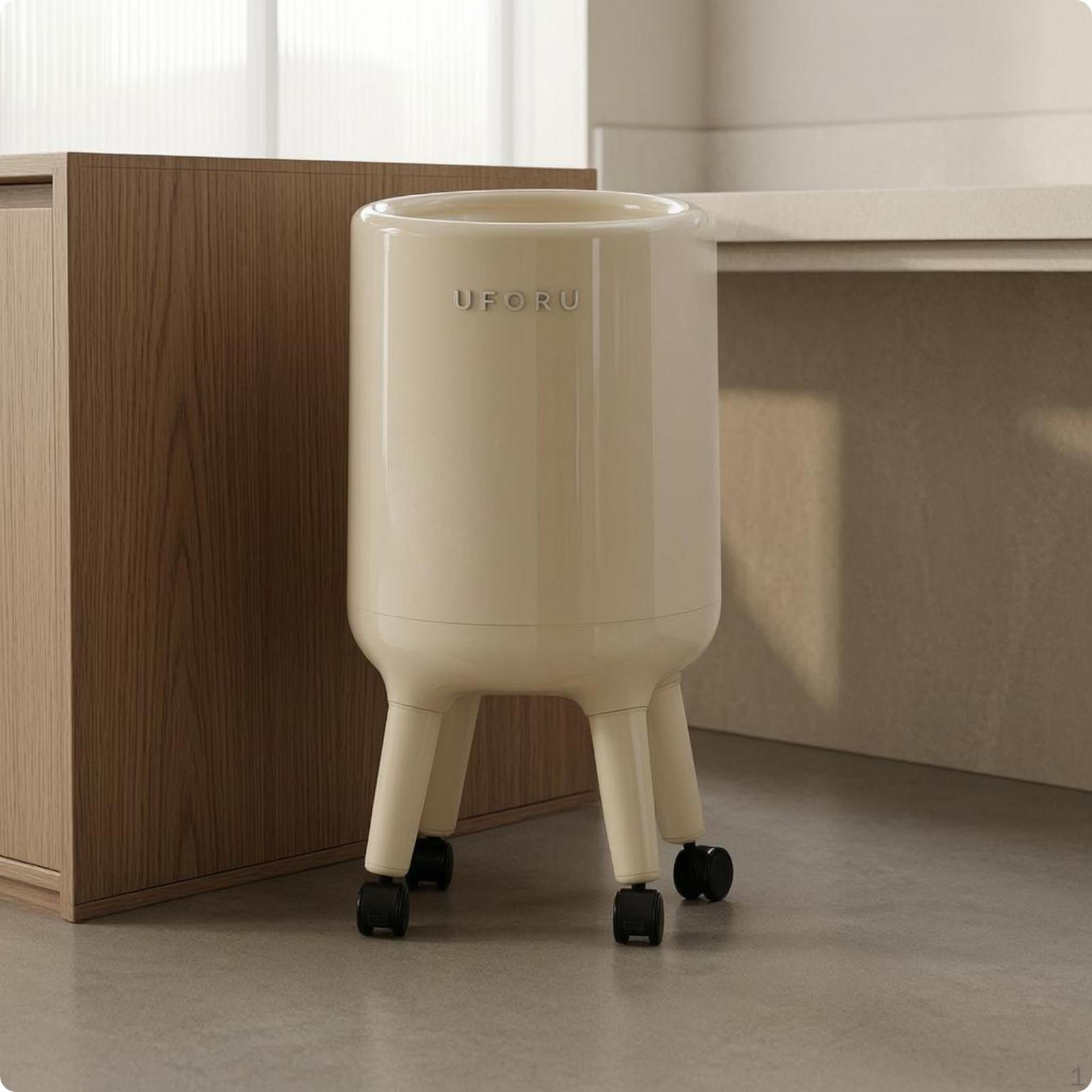 Cylindrical Trash Bin Hinged Lid Minimalist Cream White 17.9L with Wheels Cream White 17.9L with Wheels