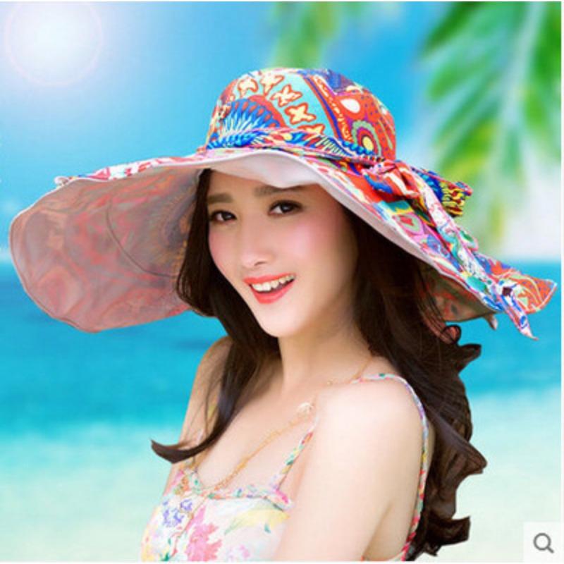 Sun Hats for Women Summer Large Beach Hat Flower Printed Wide Brim Bob Chapeu Panama Female Hat