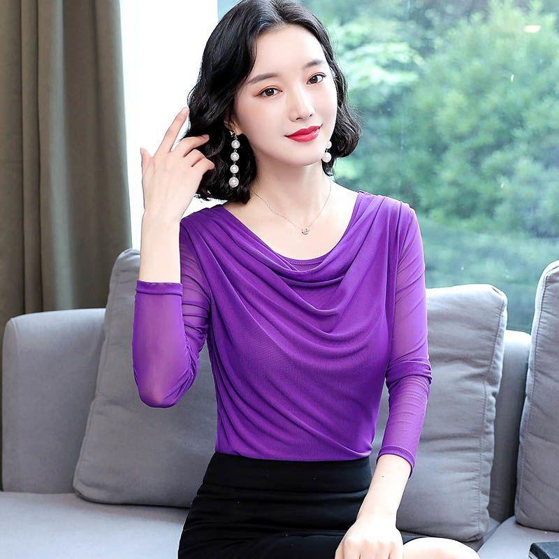 Fashion Spring Summer Mesh Base Shirt Thin Loose Fit Long Sleeve Elegant T Shirt Women Cover Belly Blouse