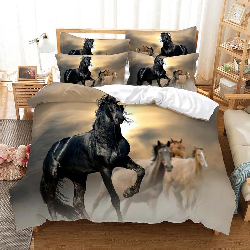 Horse Pattern 3D Digital Printing Three-piece Set, Polished Duvet Set, Animal Single Bedding