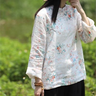 Woman Spring Fashion Print Retro Buckle Chinese Style Shirt Casual Long Sleeves Vintage Style Shirt