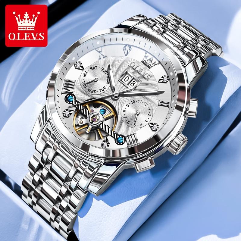 OLEVS 9910 Skeleton Flywheel Automatic Mechanical Wristwatch for Men Stainless Steel Waterproof Luminous Calendar Business Watch