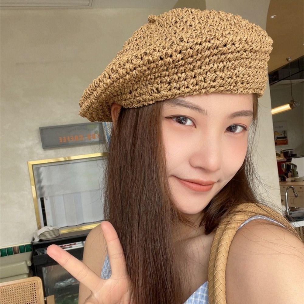Summer Weave Cap Handmade Painter Hat Fashion Straw Beret Women